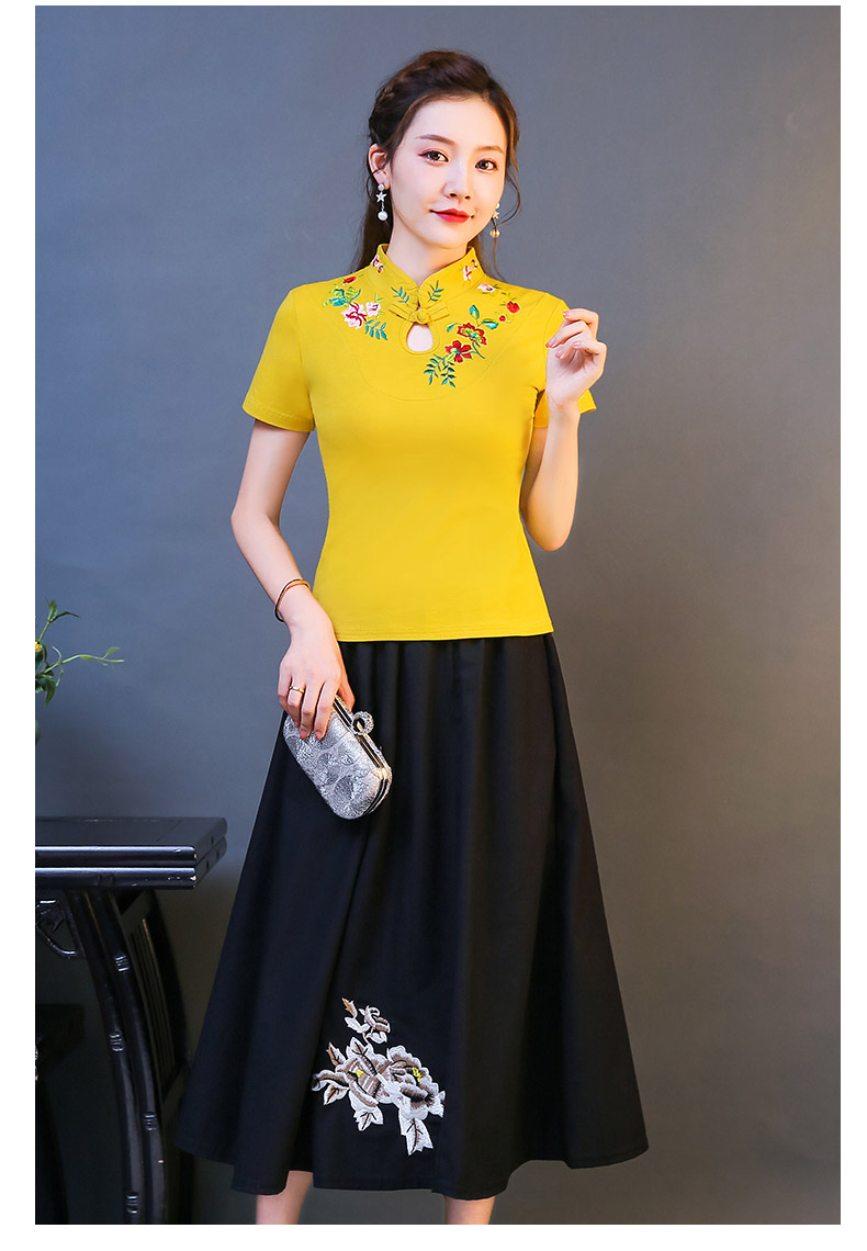 棉麻小衫民族风女装复古中国风刺绣上衣夏季新款绣花t恤女上衣玫红色m