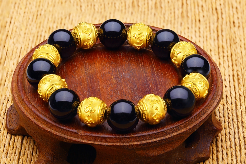 老凤凰黄金佛珠手链3d硬足金999六字真言转运珠金珠手串男女款本命年