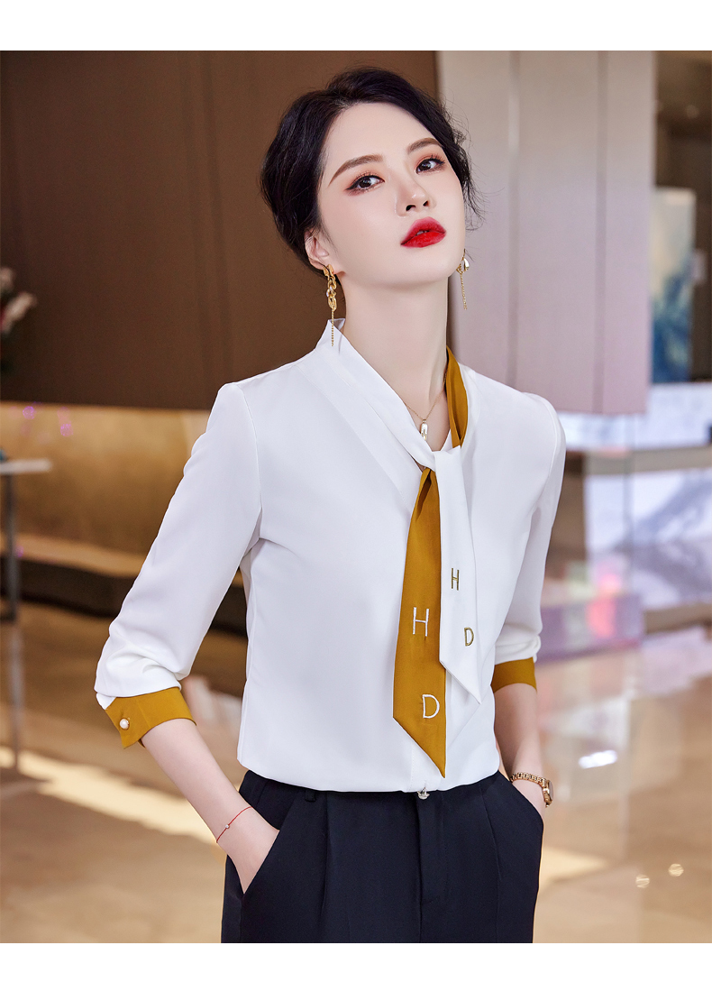 佳昭白色飘带衬衫女春季2022新款修身显瘦时尚气质设计感小众v领长袖