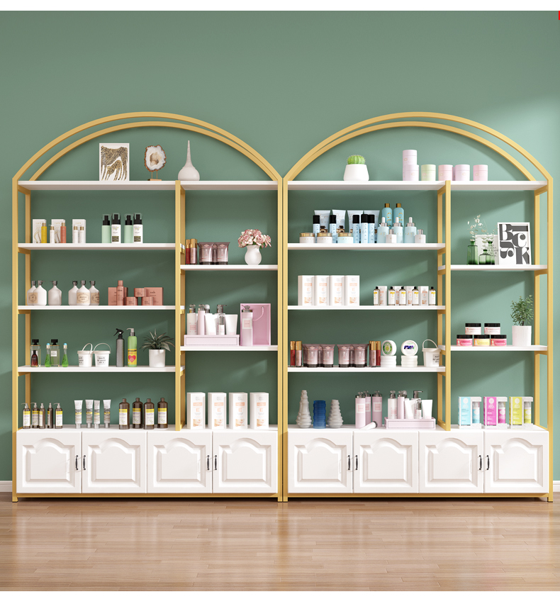 大嘴哥化妆品展示柜陈列架美容院展柜子护肤品美甲店钢木组合货架展示