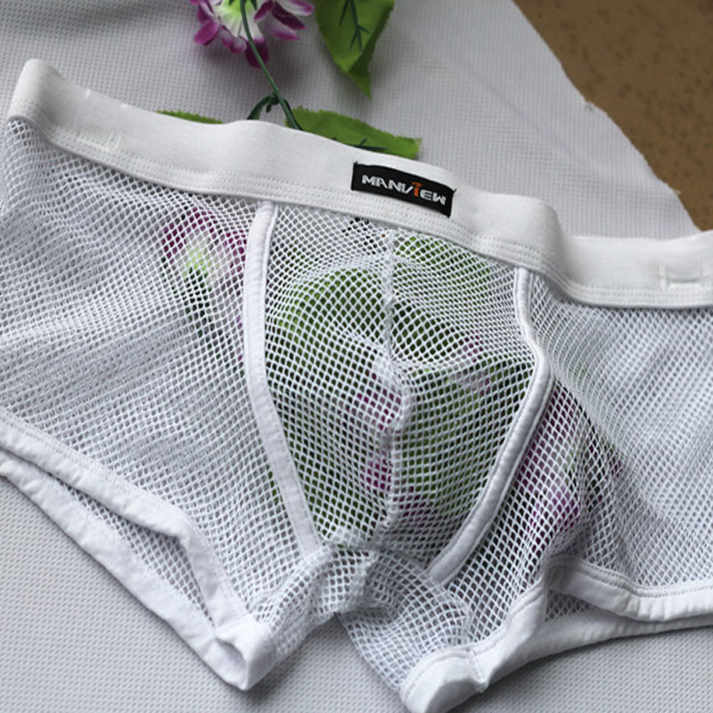 恒源祥全透明四角裤网纱内裤男网眼全透明透气夏季性感蕾丝平角裤露