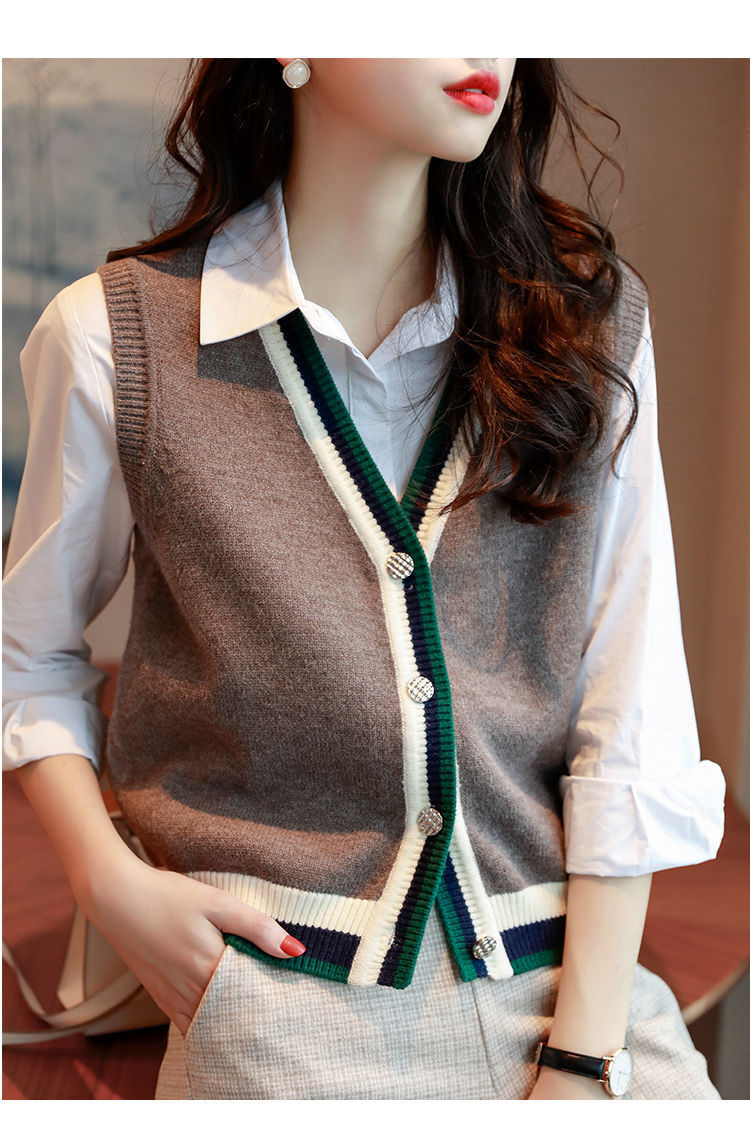 2021春秋新款时尚百搭气质无袖撞色针织开衫背心马甲毛衣外套女灰色