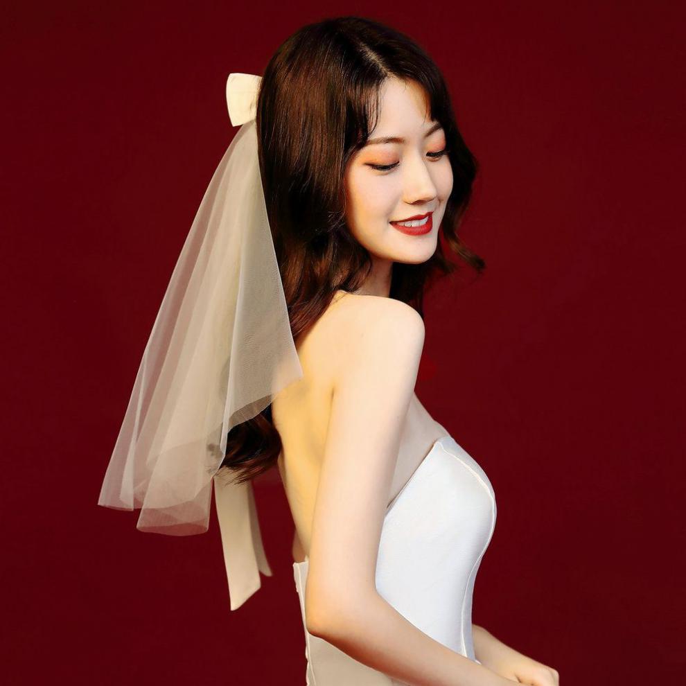 领证仪式感头纱 大蝴蝶结头纱领证拍照登记白纱婚纱头饰仪式感小道具