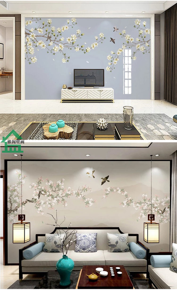 花鸟壁布定制壁画客厅电视背景墙卧室壁布沙发影视墙布01款无缝真丝布