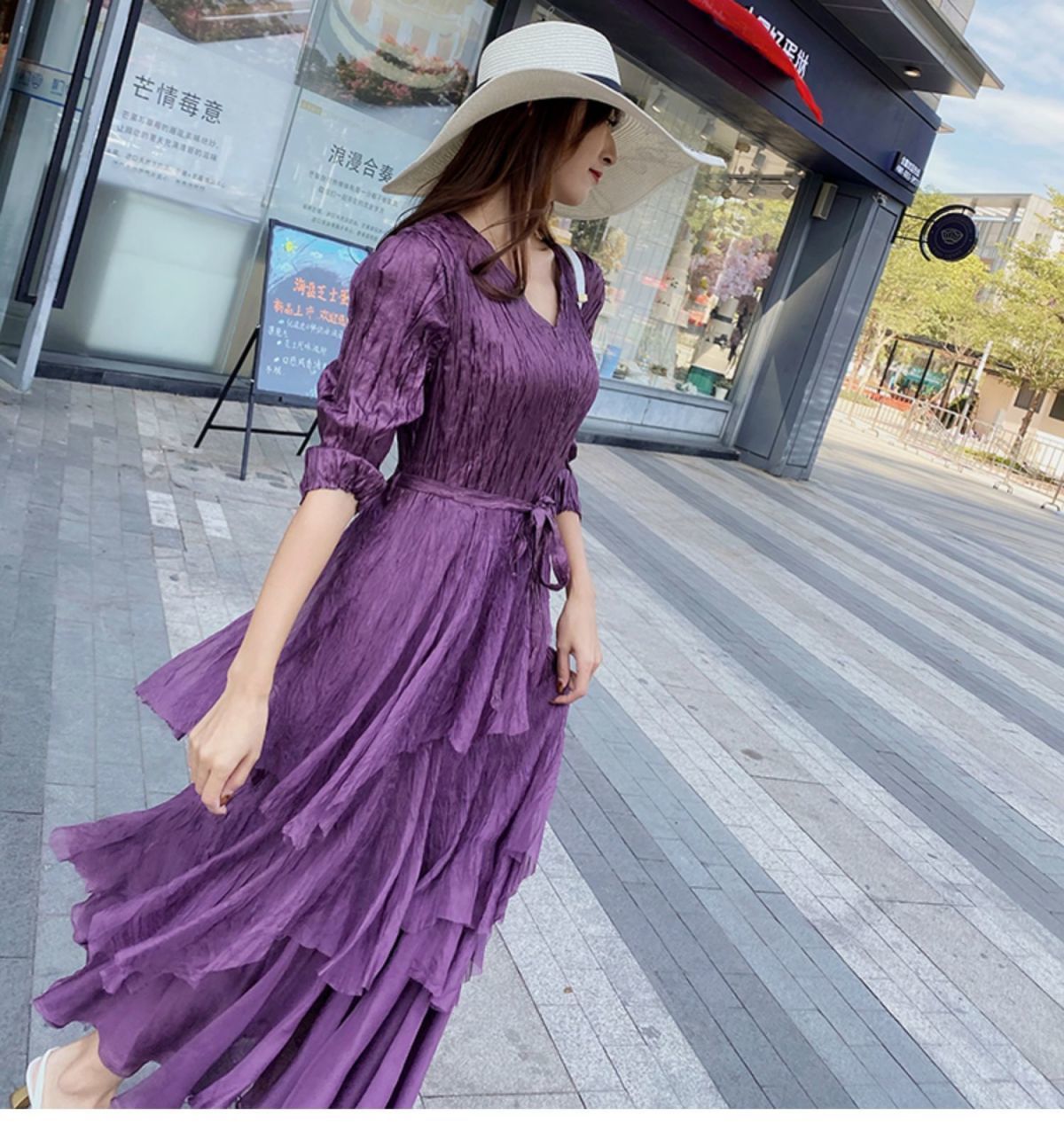 褶皱女早春法式复古连衣裙宫廷名媛气质鱼尾蛋糕长裙收腰显瘦紫色m100
