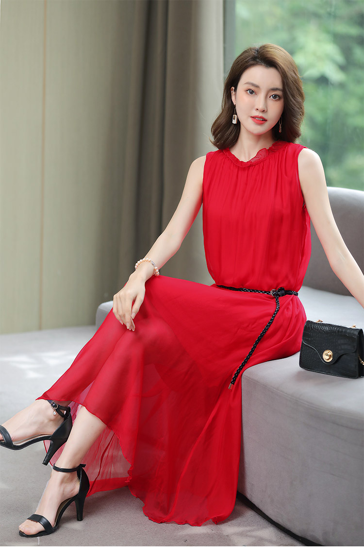 智妤夏季宽松版中年女式冰丝连衣裙红色冰丝连衣裙女中长款新款夏装