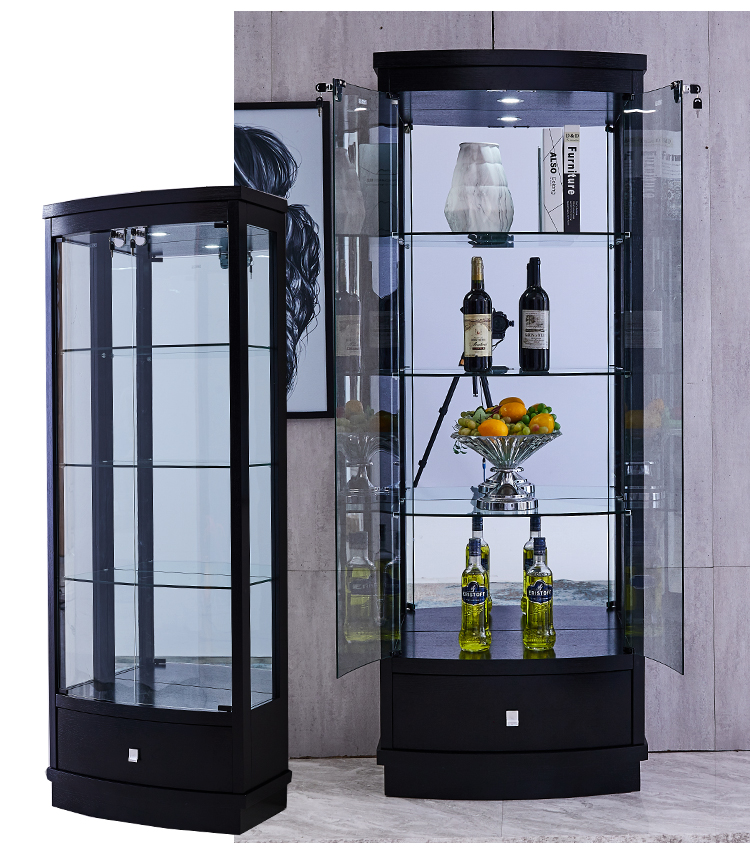 客厅酒柜简约现代多功能靠墙电视边小带锁展示柜双开门玻璃装饰柜黑色
