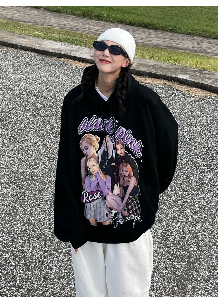 国潮blackpink秋冬季朴彩英同款卫衣女ins宽松街头情侣连帽外套 纯白