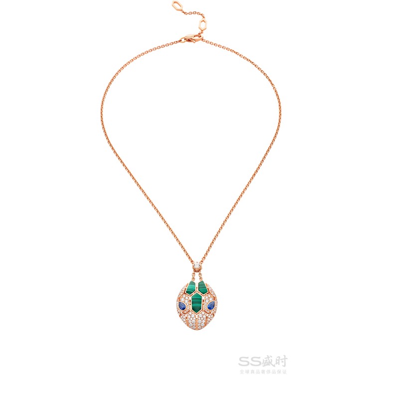 bvlgari宝格丽项链serpenti viper女18k玫瑰金镶绿孔雀蓝宝石蛇头吊坠