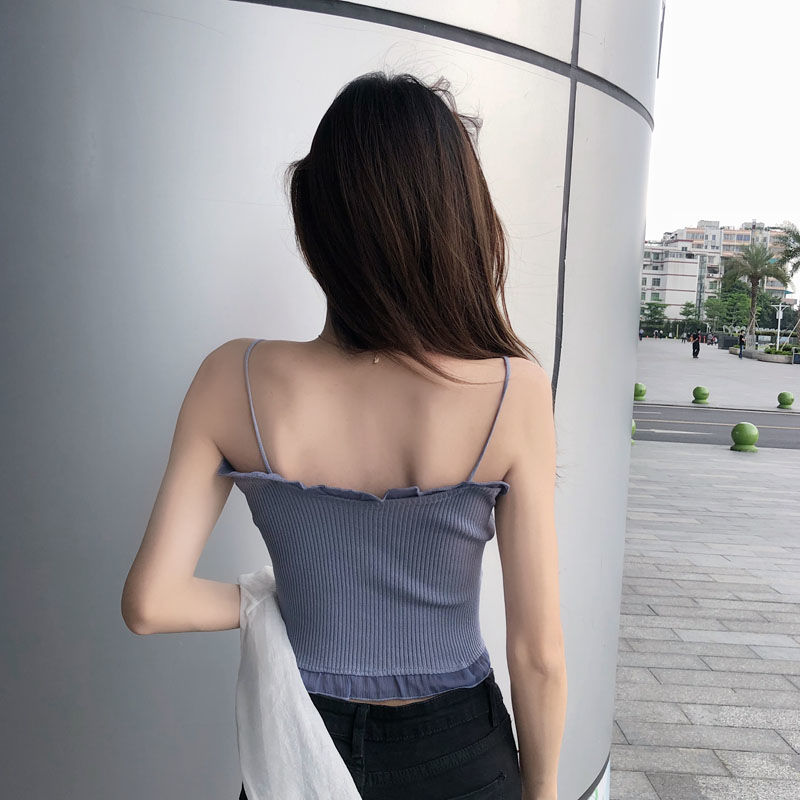 思湄吊带打底背心女 2021复古可爱针织雪纺拼接后背交叉绑带两穿高腰