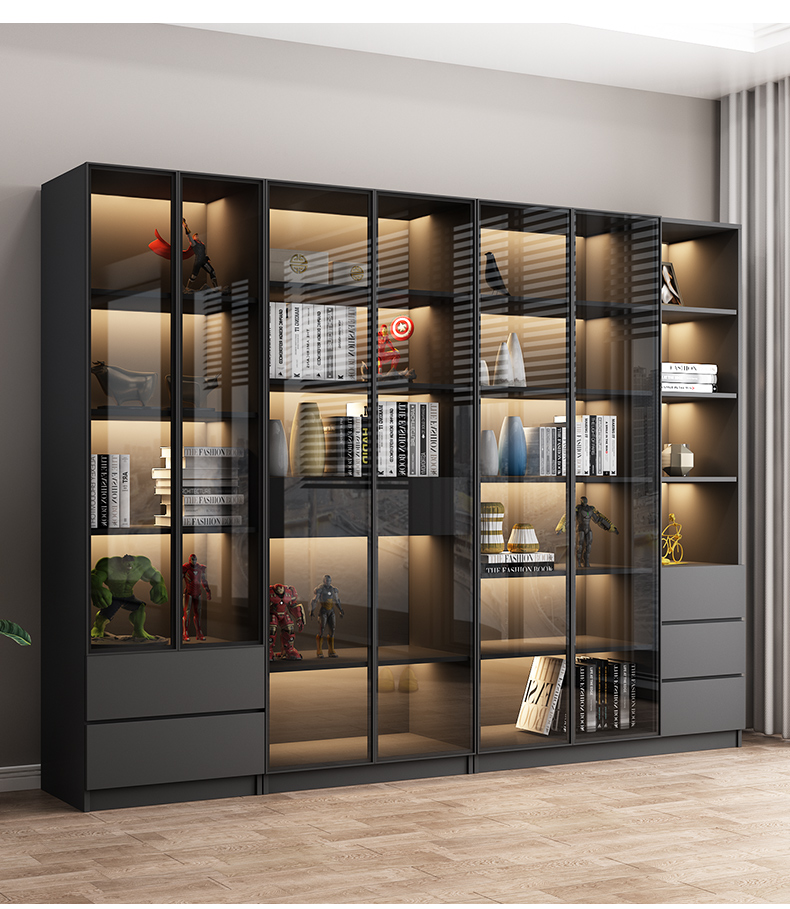 闪约玻璃柜子展示柜轻奢书柜带玻璃门客厅书架落地简约现代定制客厅