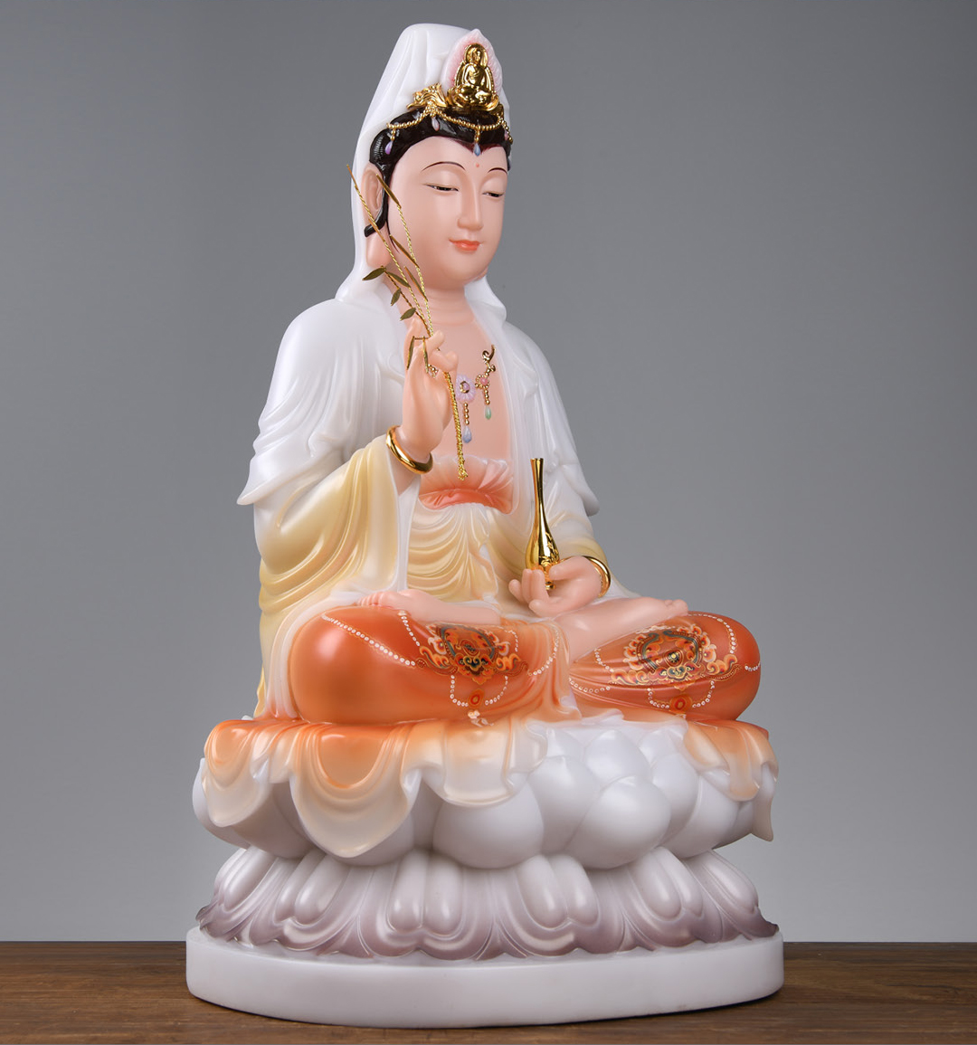 观音佛像供奉家用石雕娑婆三圣全堂佛汉白玉坐莲观世音菩萨摆件19寸