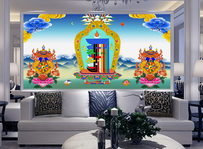 壁纸藏式四兽图佛教壁纸藏族特色客厅佛堂背景墙壁画油画布墙纸胶水