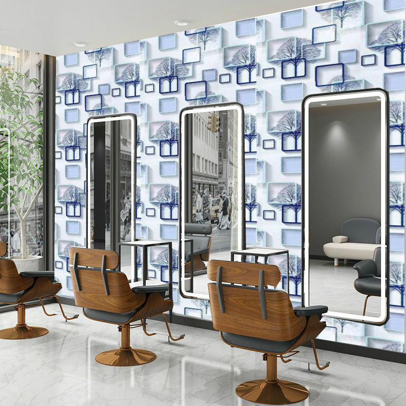 墙纸自粘3d立体墙贴理发店时尚现代简约发廊美发店潮装修防水蓝色方格