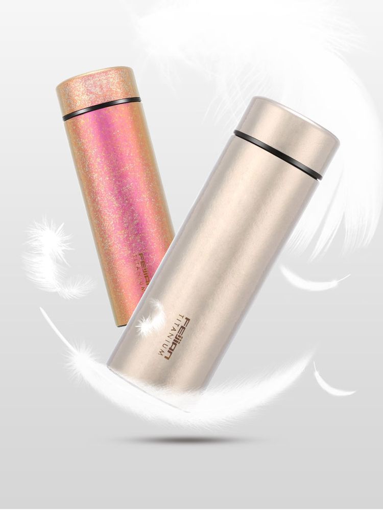 钛健康真空养生保温杯400ml双层真空保温保冷纯钛内壁水杯养生杯玫瑰