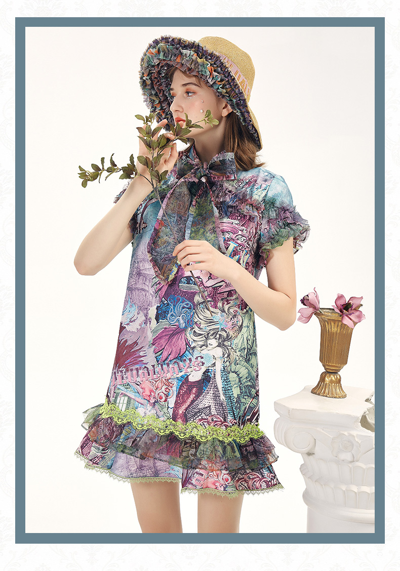 lulualways我爱露露美人鱼印花斑驳蝴蝶结连衣裙llb5237粉色16084am