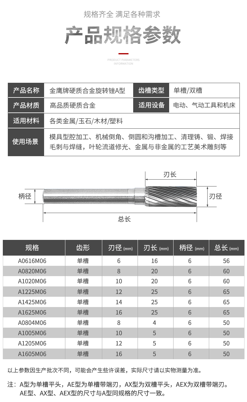 硬质合金旋转锉刀金属钨钢磨头圆柱型6mm ae ax aex a1020m06 a1225m