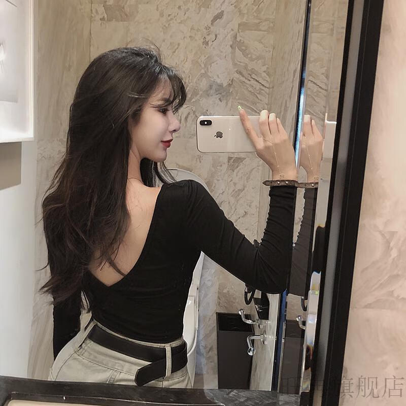 性感漏半胸低胸上衣超低领长袖打底衫春秋网红主高腰显瘦紧身大露背短
