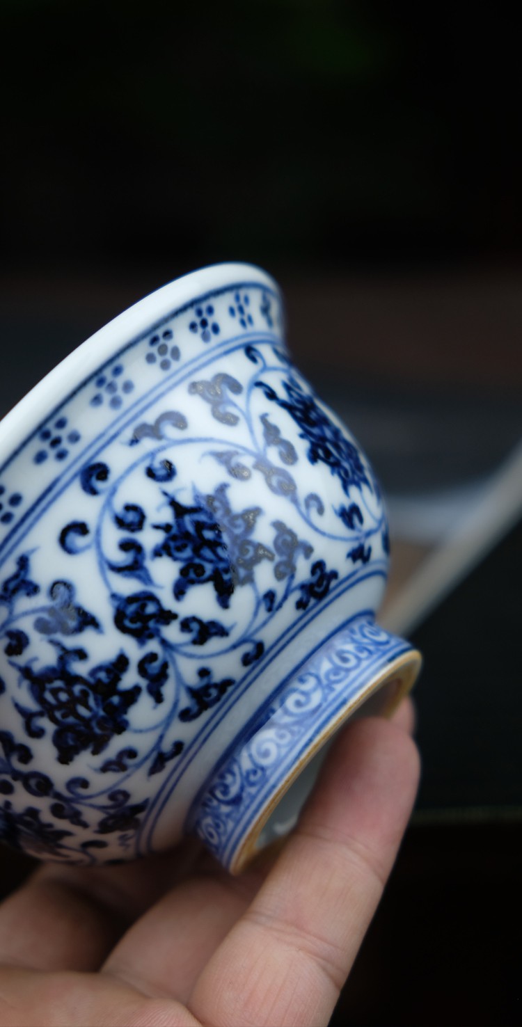 永乐青花压手杯纯手工古茶杯手绘主人杯男单个陶瓷杯复古 花卉