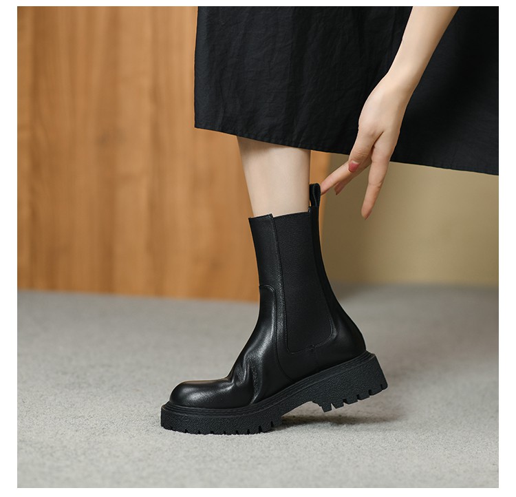 烟管靴小个子厚底切尔西短靴女春秋烟筒靴英伦中跟马丁靴棕色单里34