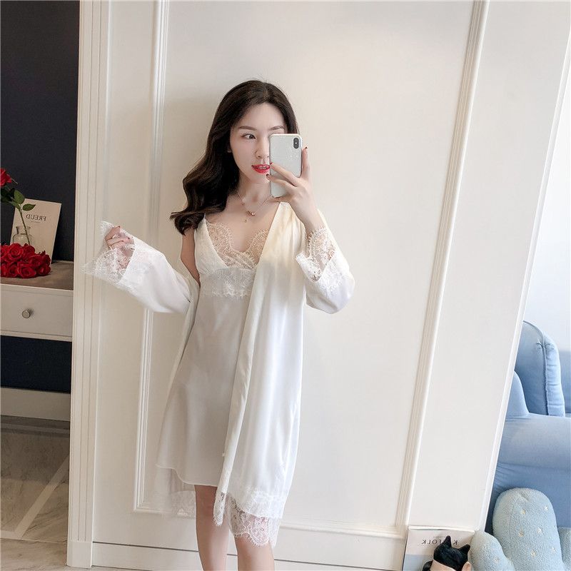 冰丝吊带睡裙两件套女春秋款一字领抹胸两件套薄款夏季睡袍a925蓝色