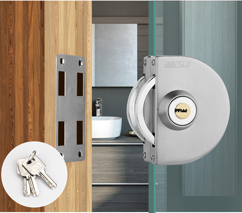 无框玻璃门锁免开孔商铺玻璃推拉门锁304不锈钢单双开门插销锁 双门单