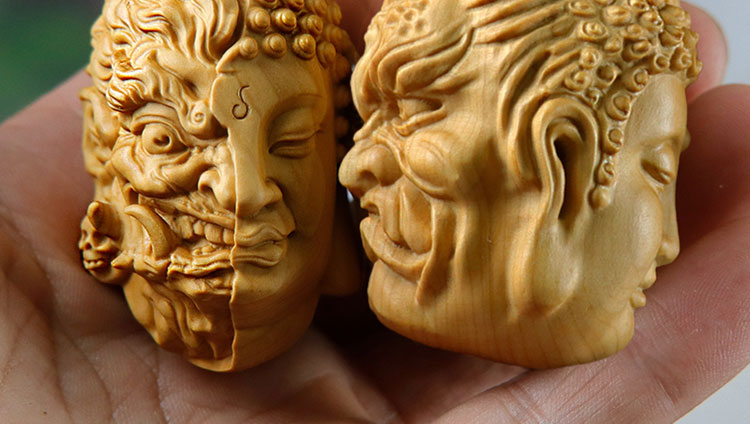 一念之间吊坠杨木雕佛魔一念之间把玩件手把件男士随身人物中式汽车