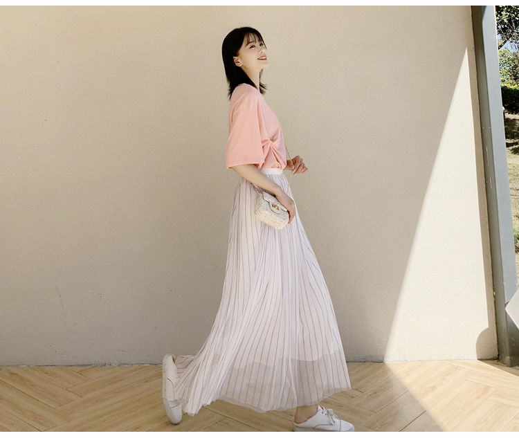 半身裙女中长款2022春夏新款高端重工银丝条纹显瘦高腰仙女裙黑色银色