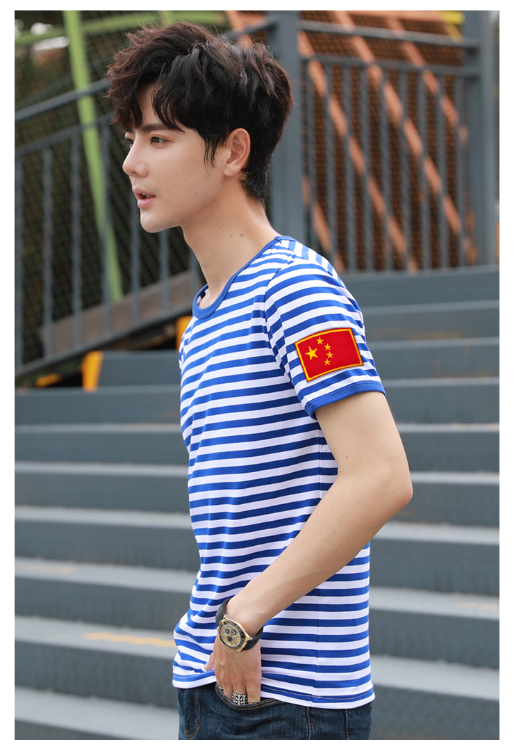 海军风短袖t恤男蓝白色条纹海魂衫刺绣军旗圆领体恤定制makeace天蓝色
