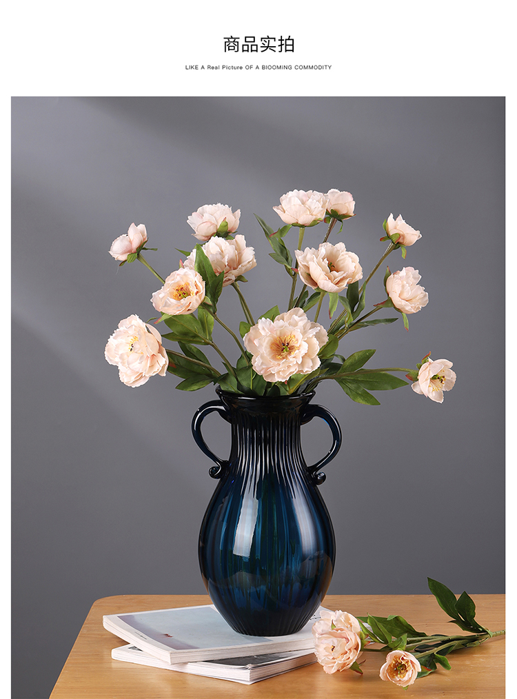 欧式双耳玻璃花瓶客厅水养鲜花插花创意摆件向日葵仿真花套装装饰8支