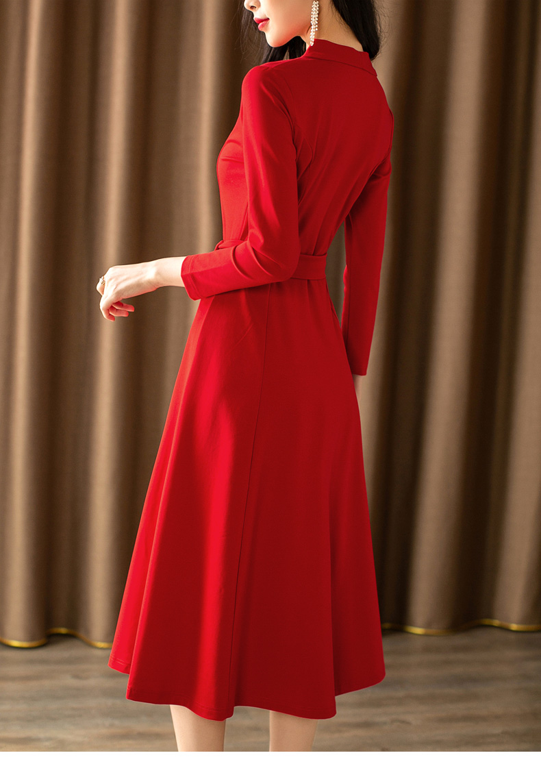 红色连衣裙春装2021新款女领长袖字裙修身显瘦气质大摆长裙子 红色 s