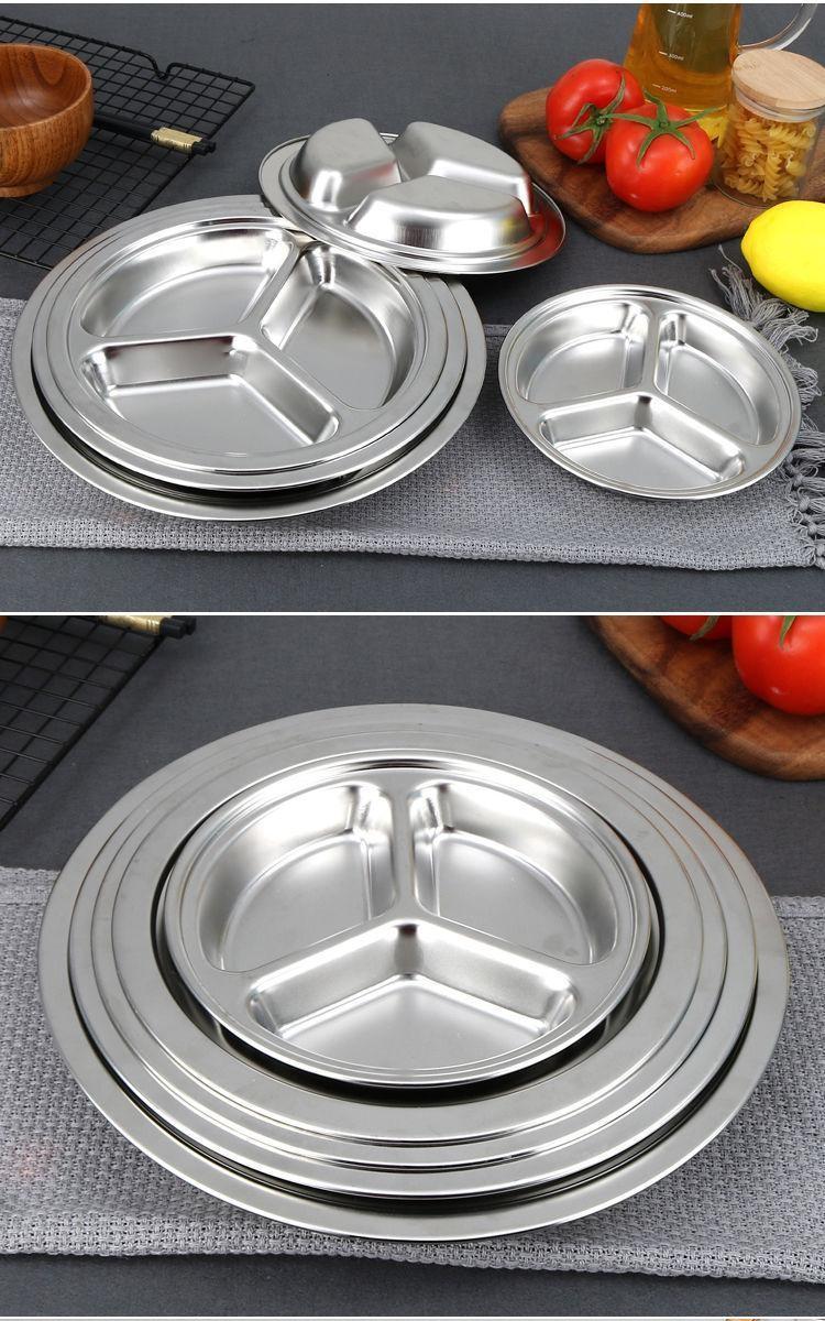 快餐盘幼儿园学生餐具分隔三格儿童饭盒分餐盘304材质圆三格20cm160克