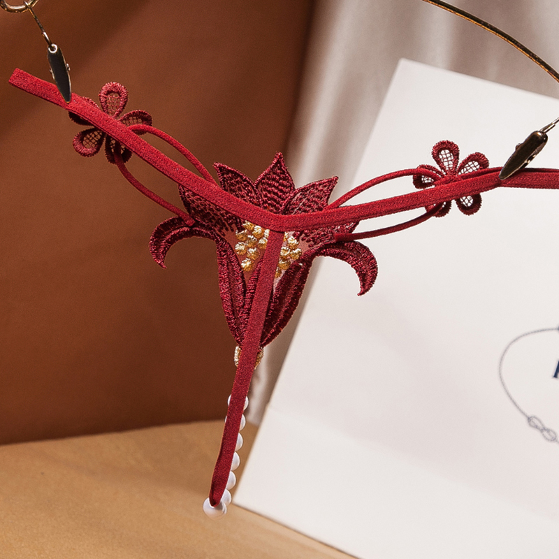 珍妮羊内裤女性感丁字裤超小一根绳刺绣珍珠t型裤低腰无痕镂空少女