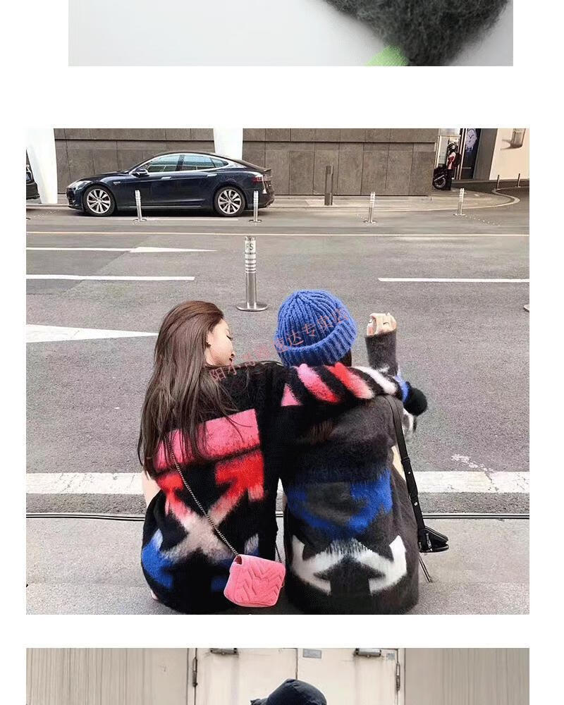 过验off ow white毛衣女黑白渐变箭头情侣装宽松海马毛针织衫外套毛衣