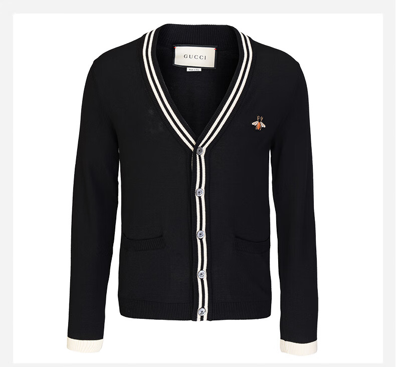 gucci/古驰20春夏 男装 服饰 羊毛系扣条纹v领小蜜蜂刺绣胸标开衫男士