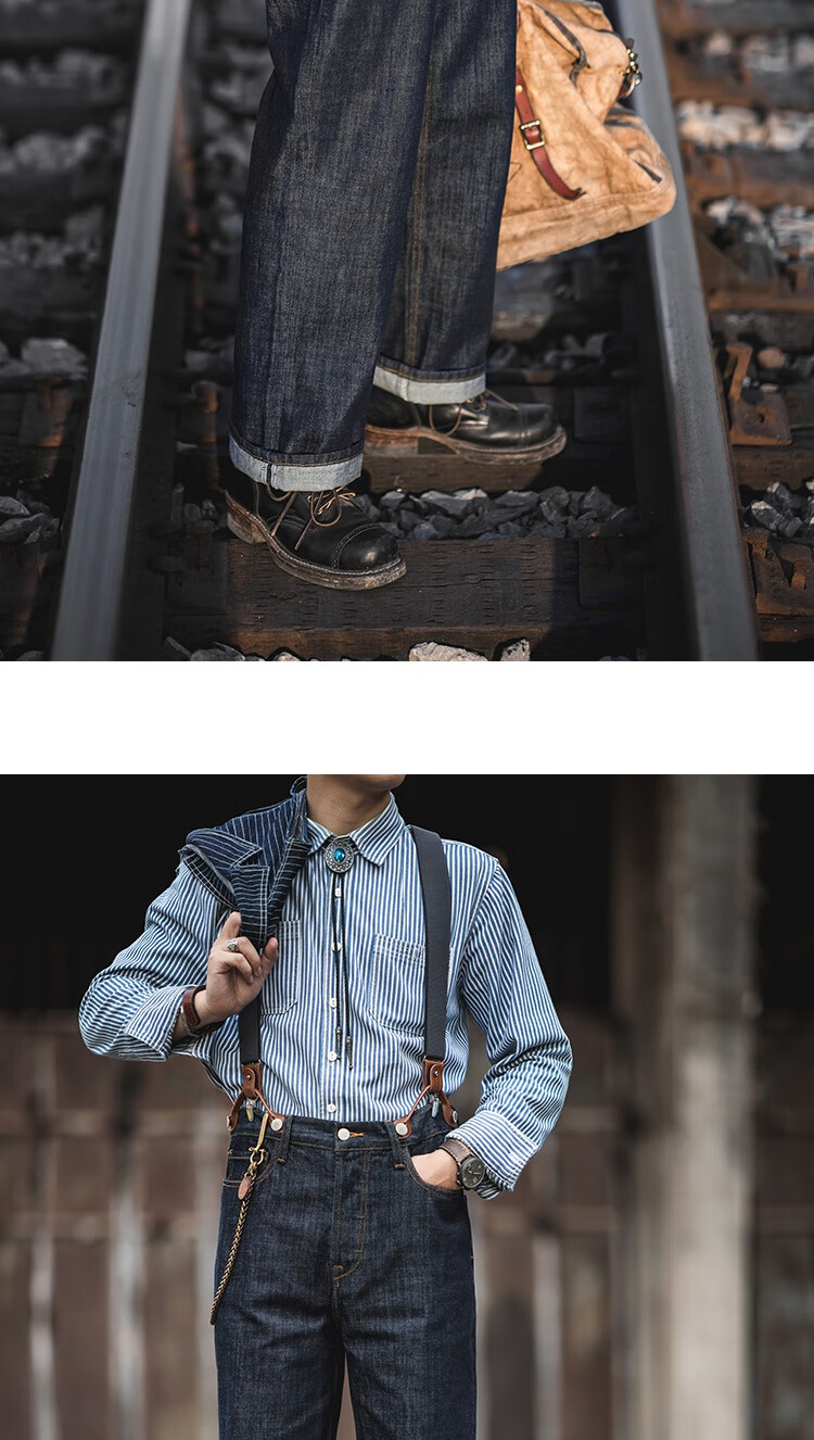 月南微秋款原色牛仔裤男铁路工装背带裤阿美咔叽机车直筒男背带裤牛仔