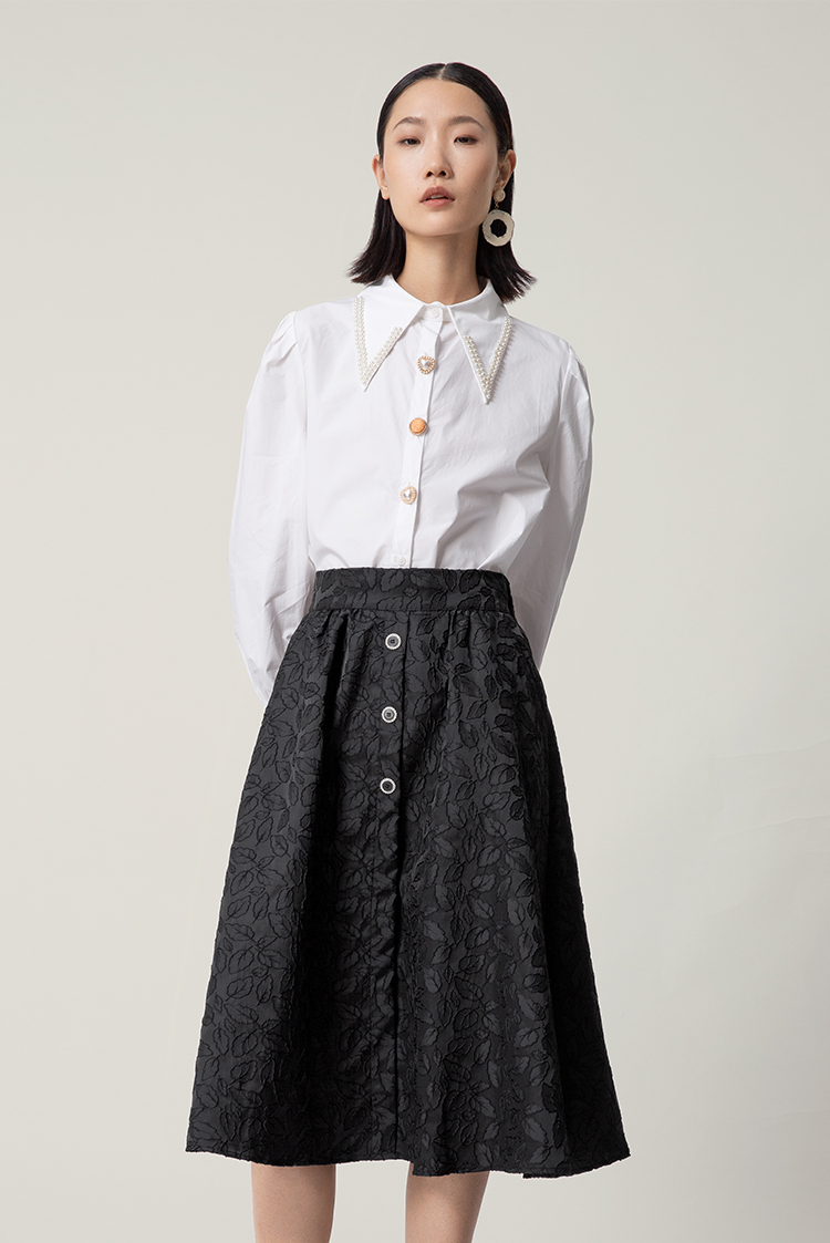 hr赫莲娜女装2021秋季新款刺绣收腰伞裙半裙黑色s