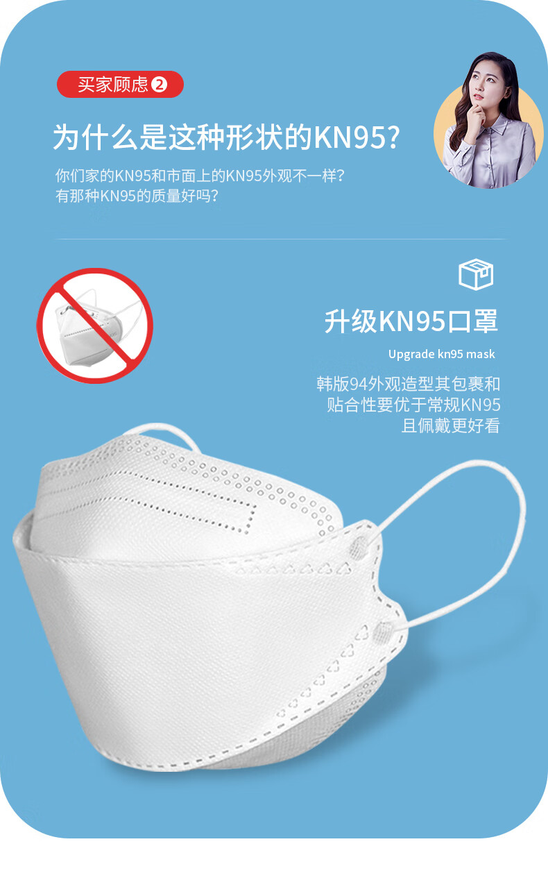 鱼嘴n95口罩女透气女神时尚独立包装100只白色成人款kn95级别4d独立装