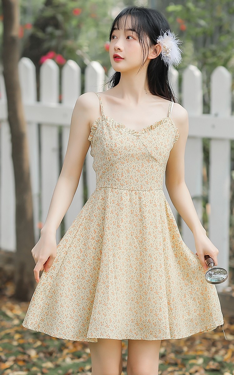 甄虹2021新款温柔小清新碎花吊带裙 6520黄色吊带裙 s