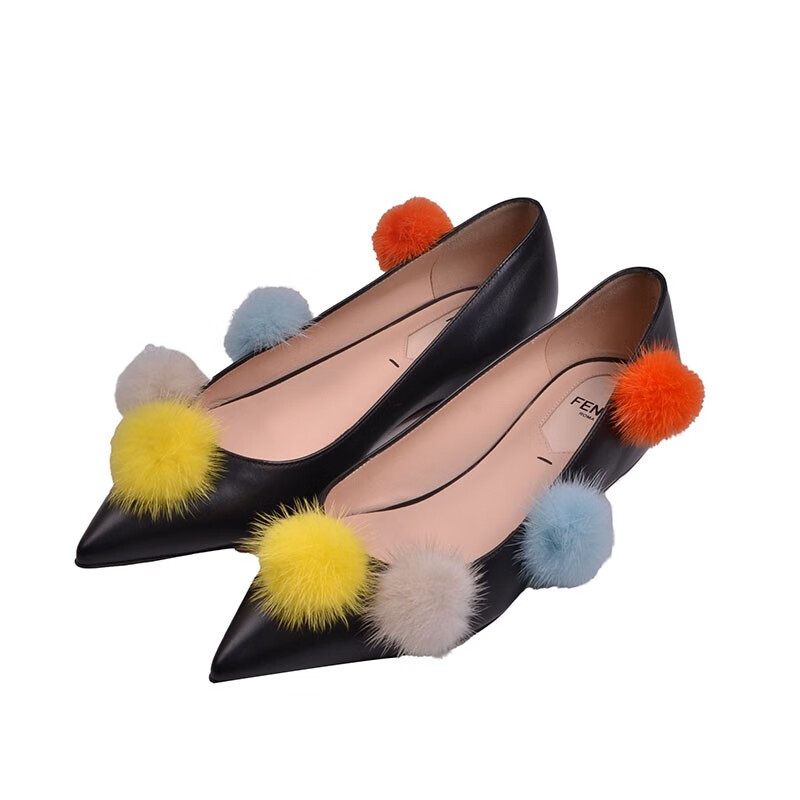 fendi芬迪女士黑色系混色毛球装饰尖头浅口平底鞋8f660699af091d黑色