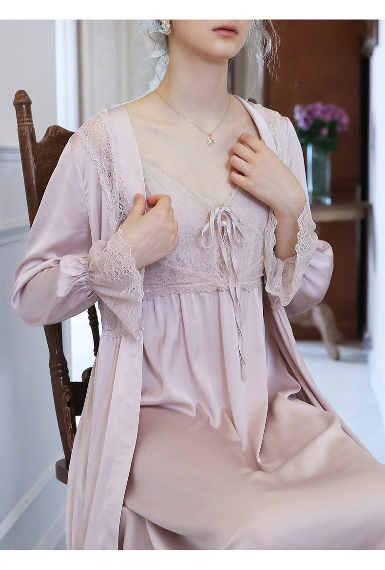 吊带睡裙女性感两件套居家服2021秋季新款感蕾丝睡袍睡衣女潮米杏色