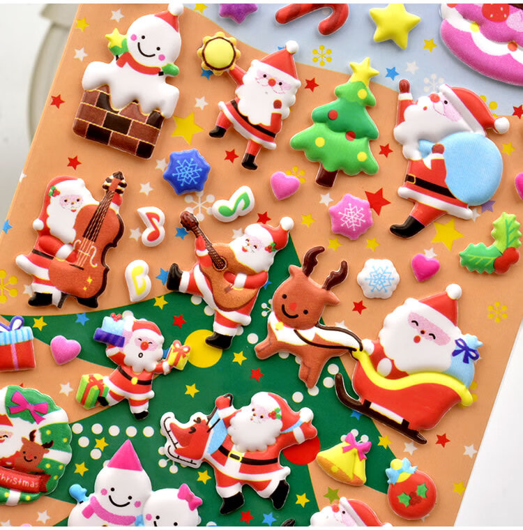 圣诞贴纸儿童玩具可爱3d立体泡泡贴圣诞老人礼物装饰粘贴纸酒红色ks07