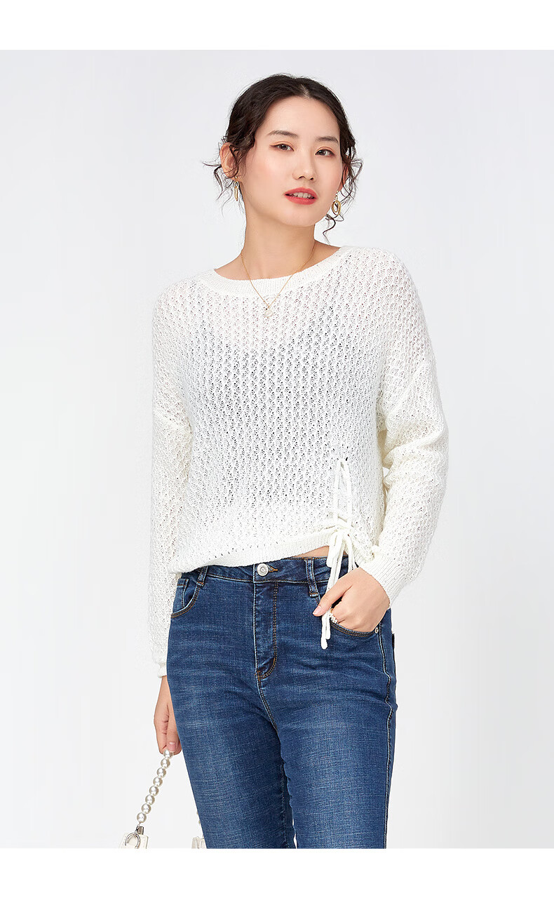 阿依莲秋季宽松镂空圆领套头毛衣甜美珠片纱长袖显瘦针织衫白栀子s