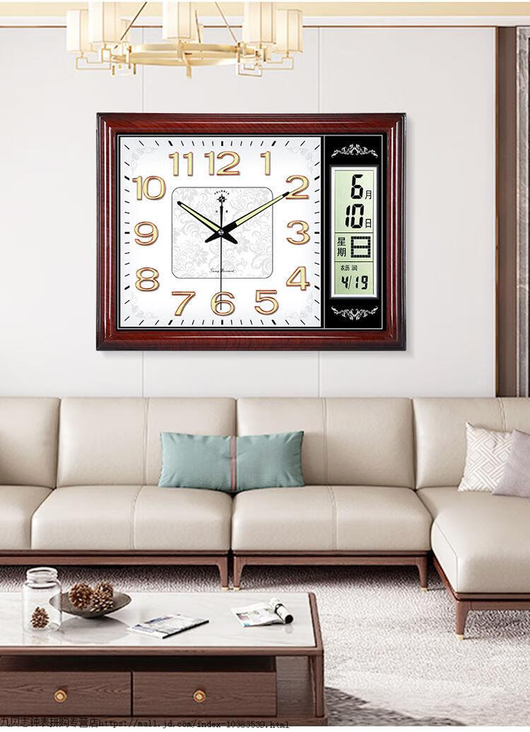 客厅大挂钟静音夜光钟表新中式时尚石英钟家用现代万年历2210de木纹黑
