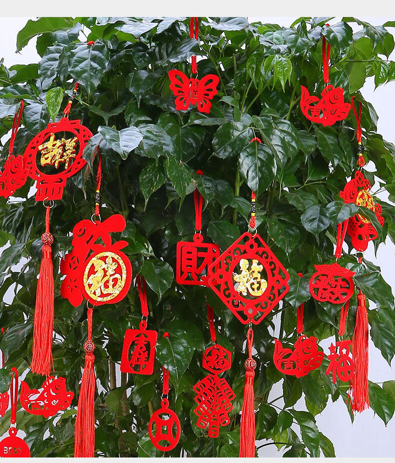 用品布置植物树小挂件春节过年小红灯笼福字挂饰金金福袋全红福共12个