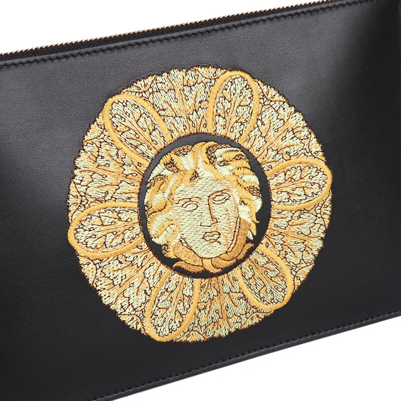 情人节礼物versace范思哲手包男士黑色牛皮革刺绣美杜莎头像手拎包手