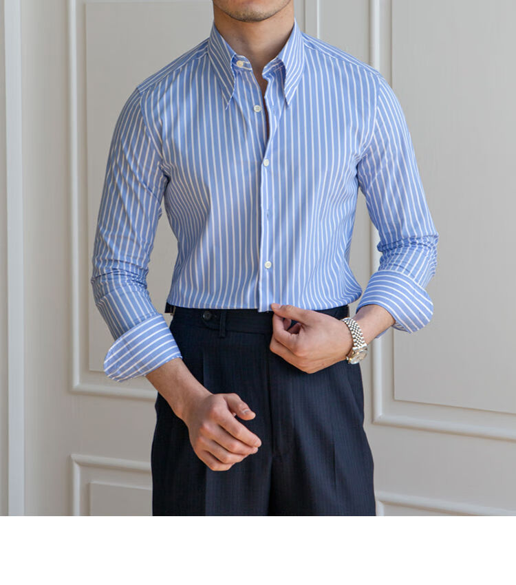 大领角宽领衬衫男法式男士高领衬衫鹿三先生2022春装新款棉感修身条纹