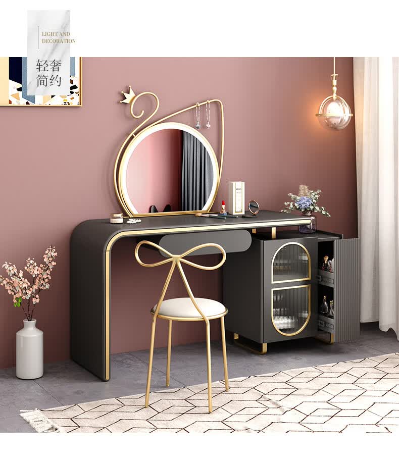 少女心轻奢梳妆台收纳一体卧室网红ins风现代简约质感化妆桌哑光琉金