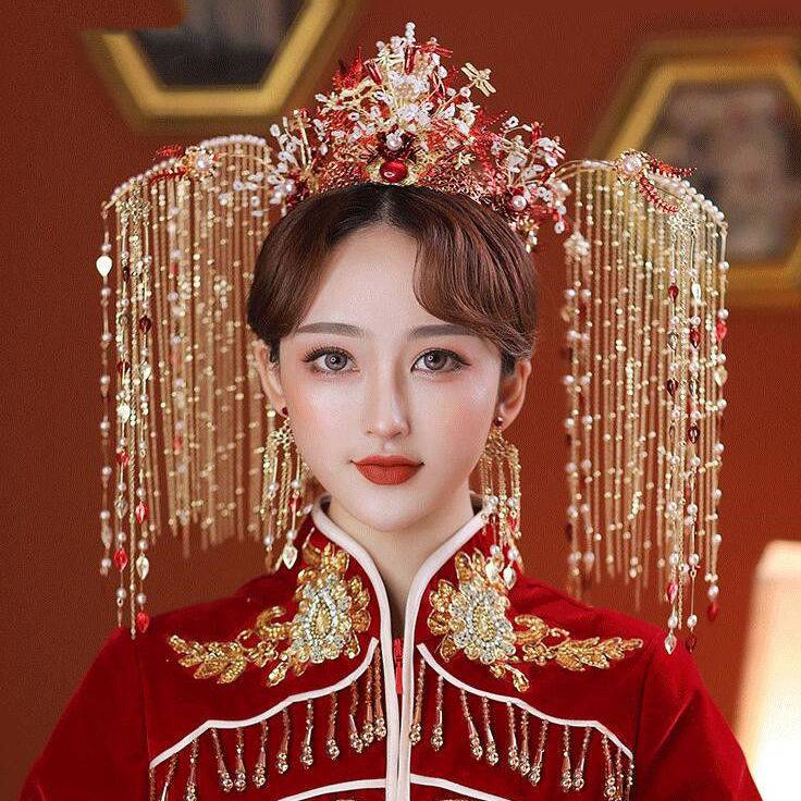 秀禾凤冠头饰 中式新娘秀禾头饰古装流苏发饰古装秀禾服结婚婚纱凤冠