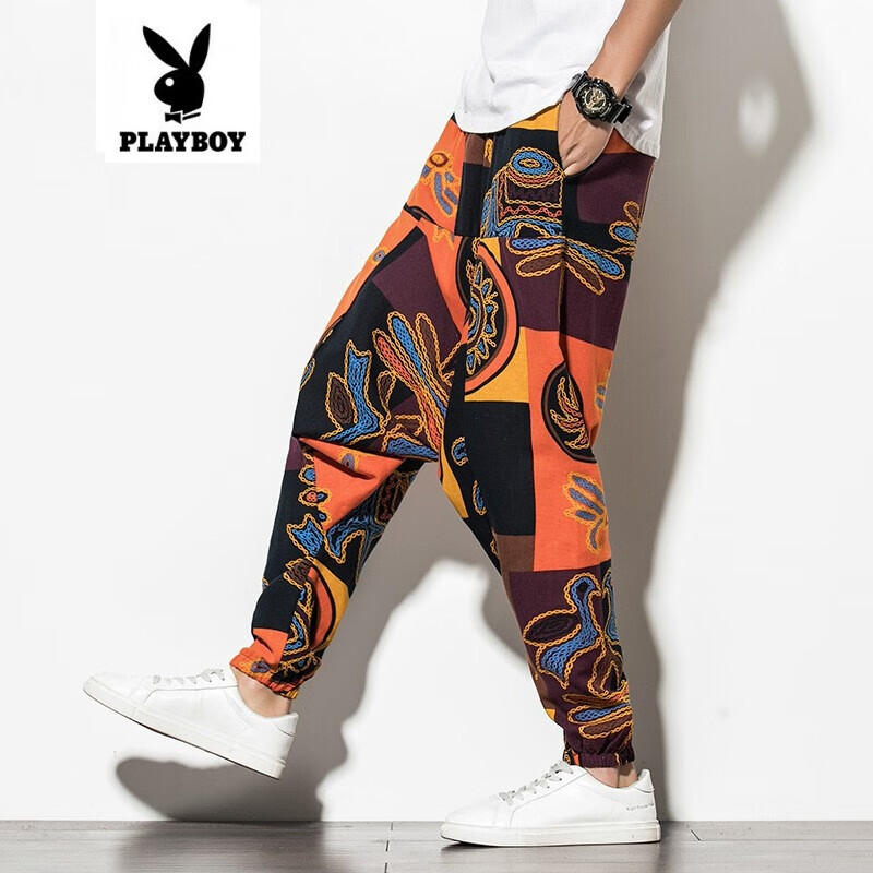 花花公子playboy2021夏季中国风印花束脚男士薄款九分裤棉麻休闲嘻哈